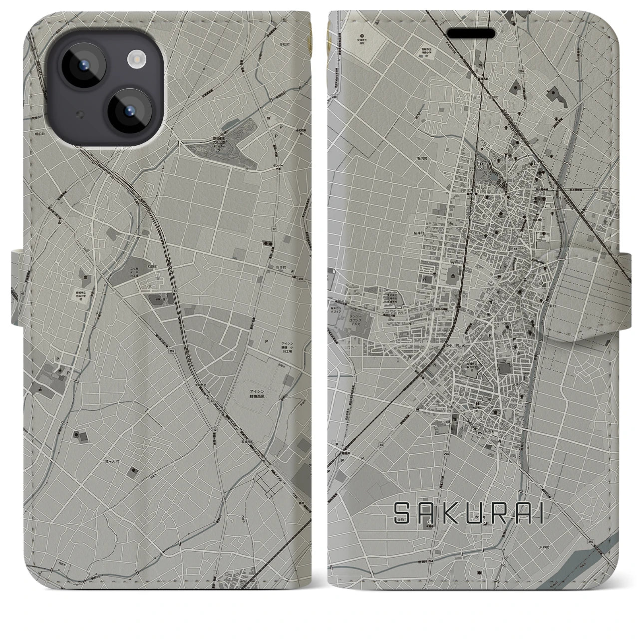 【桜井(愛知県)】地図柄iPhoneケース(手帳タイプ)モノトーン・iPhone 14 Plus 用