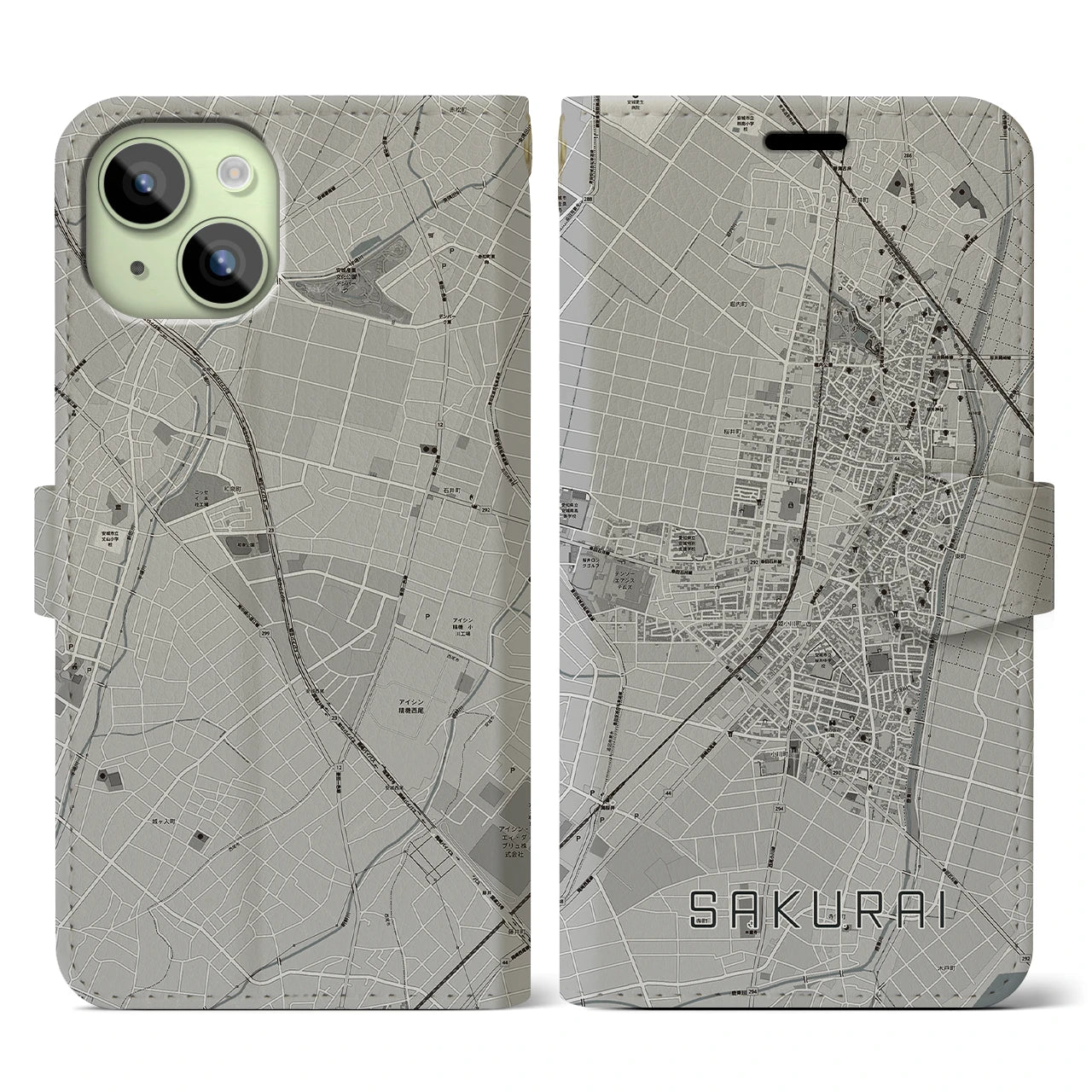 【桜井(愛知県)】地図柄iPhoneケース(手帳タイプ)モノトーン・iPhone 15 用