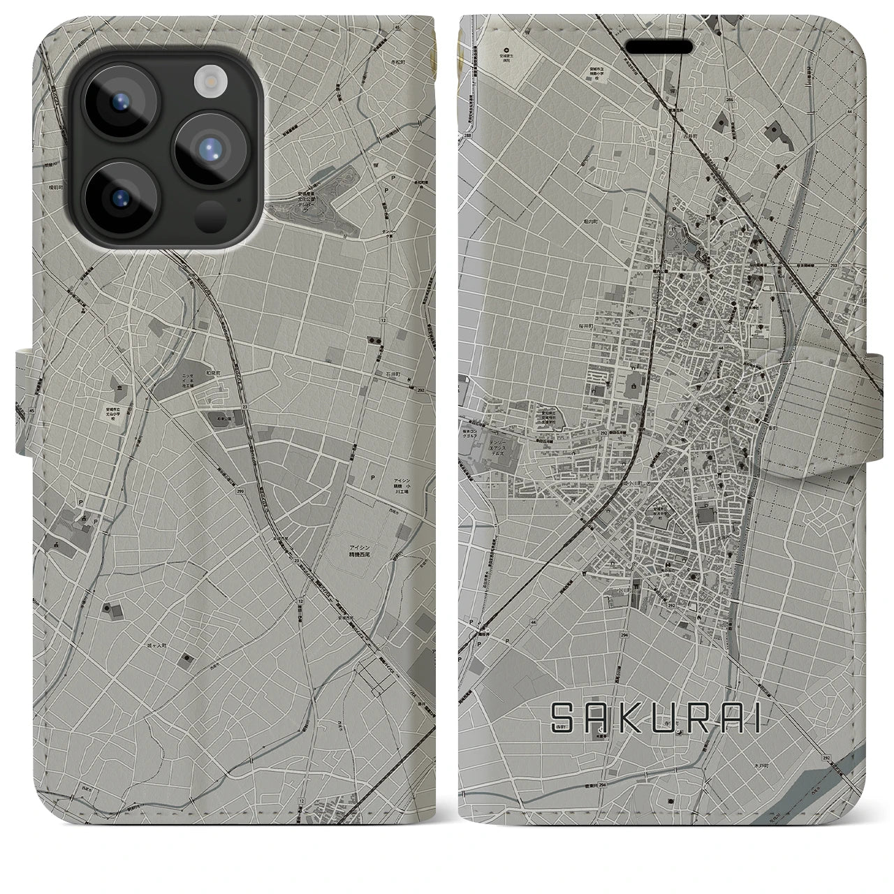 【桜井(愛知県)】地図柄iPhoneケース(手帳タイプ)モノトーン・iPhone 15 Pro Max 用