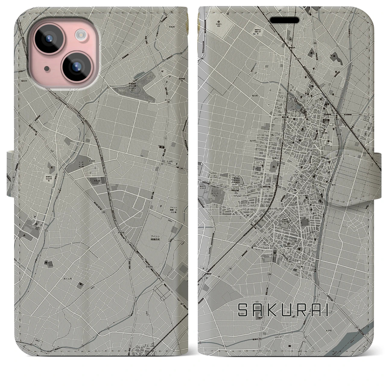 【桜井(愛知県)】地図柄iPhoneケース(手帳タイプ)モノトーン・iPhone 15 Plus 用