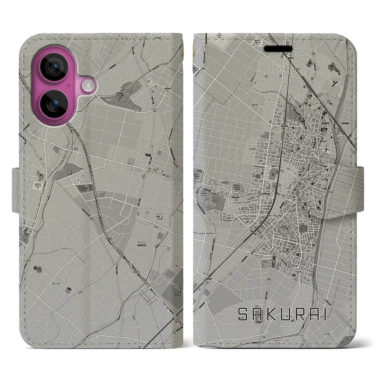 【桜井(愛知県)】地図柄iPhoneケース(手帳タイプ)モノトーン・iPhone 16 Pro 用