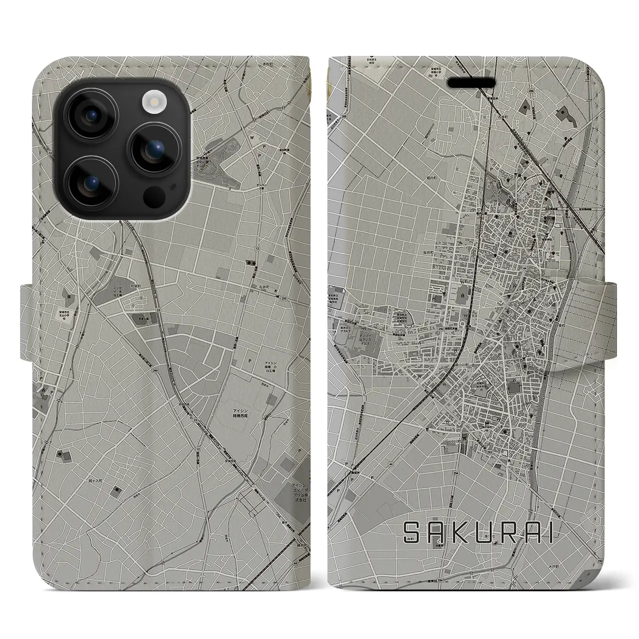 【桜井(愛知県)】地図柄iPhoneケース(手帳タイプ)モノトーン・iPhone 16 用