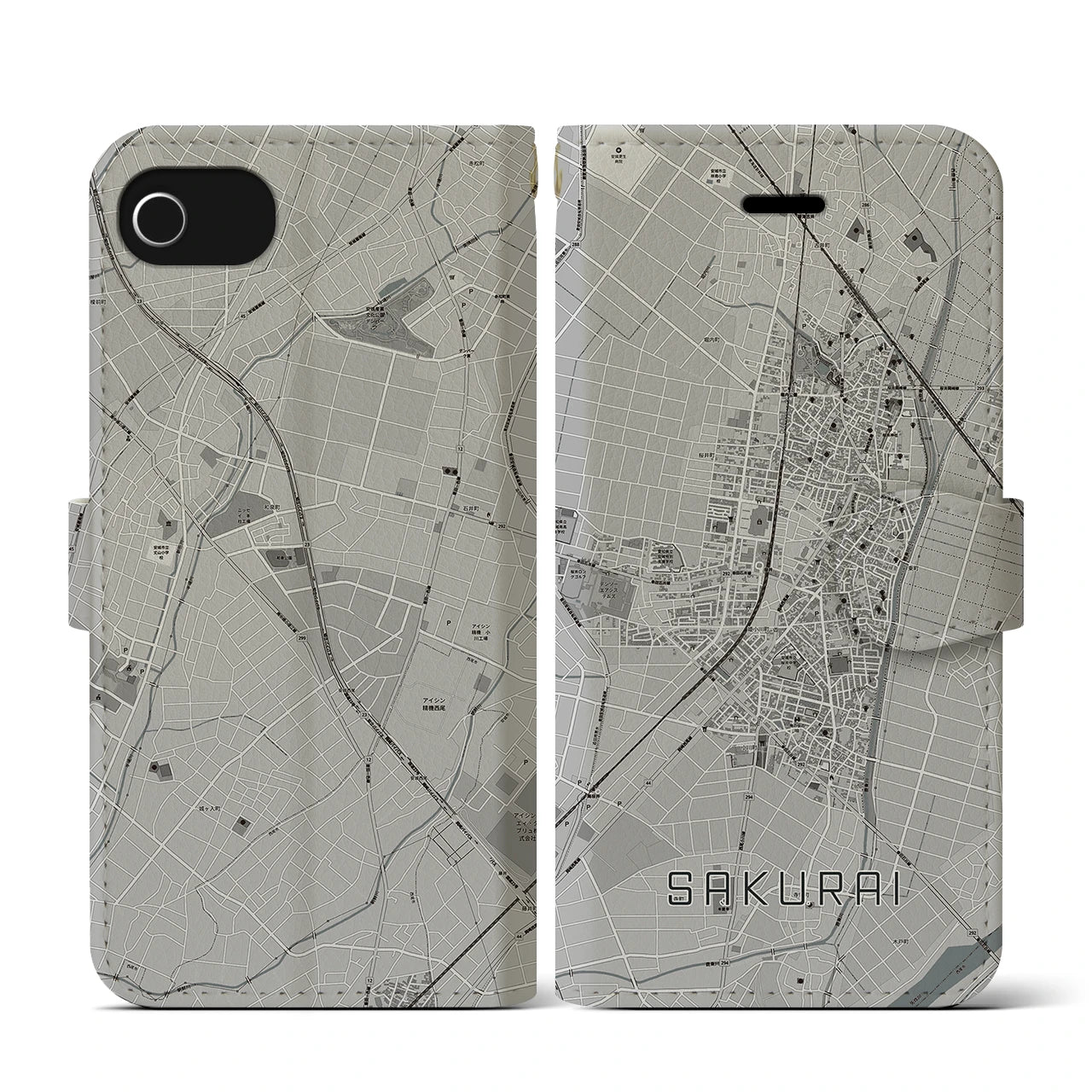 【桜井(愛知県)】地図柄iPhoneケース(手帳タイプ)モノトーン・iPhone SE(第3 / 第2世代) / 8 / 7 / 6s / 6 用