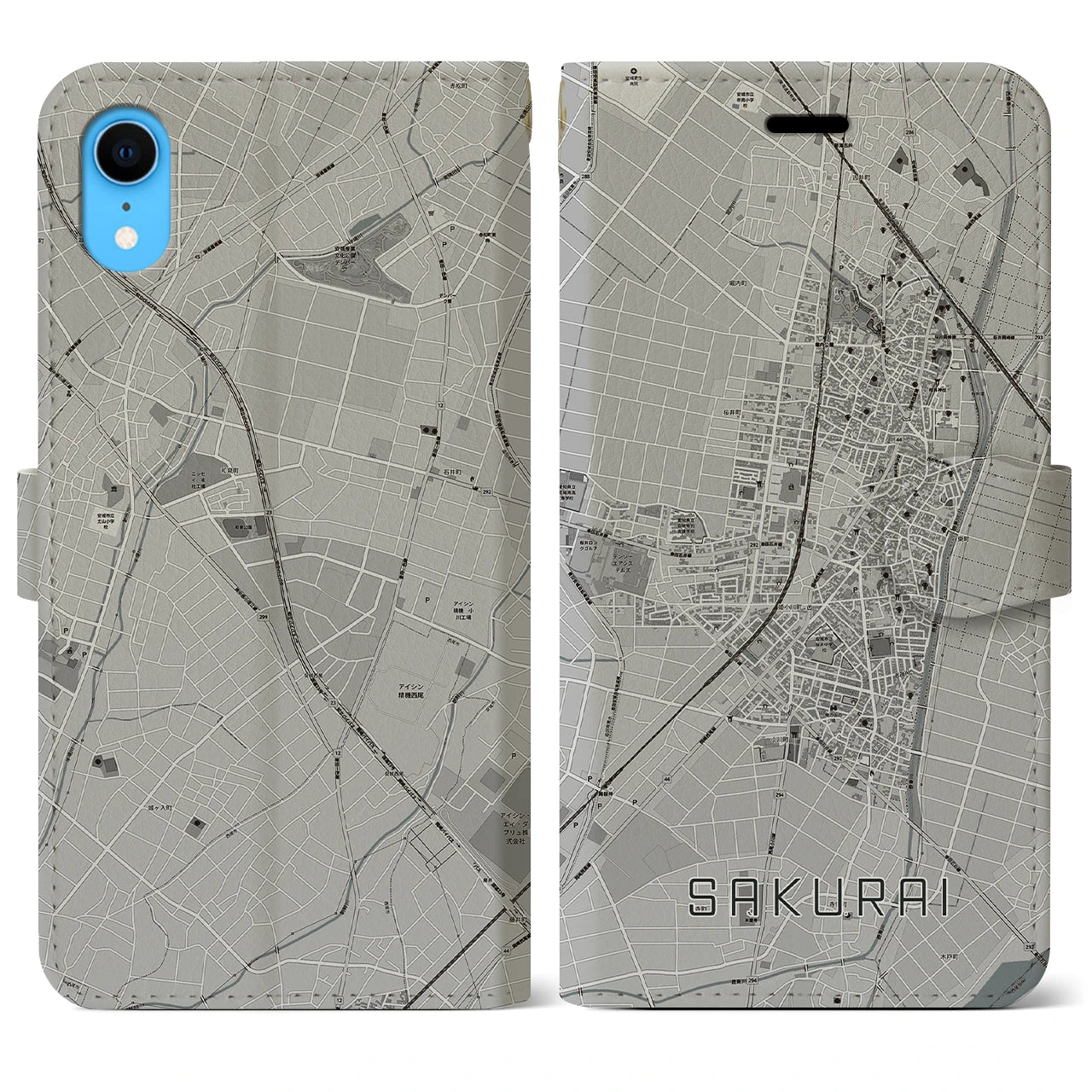 【桜井(愛知県)】地図柄iPhoneケース(手帳タイプ)モノトーン・iPhone XR 用