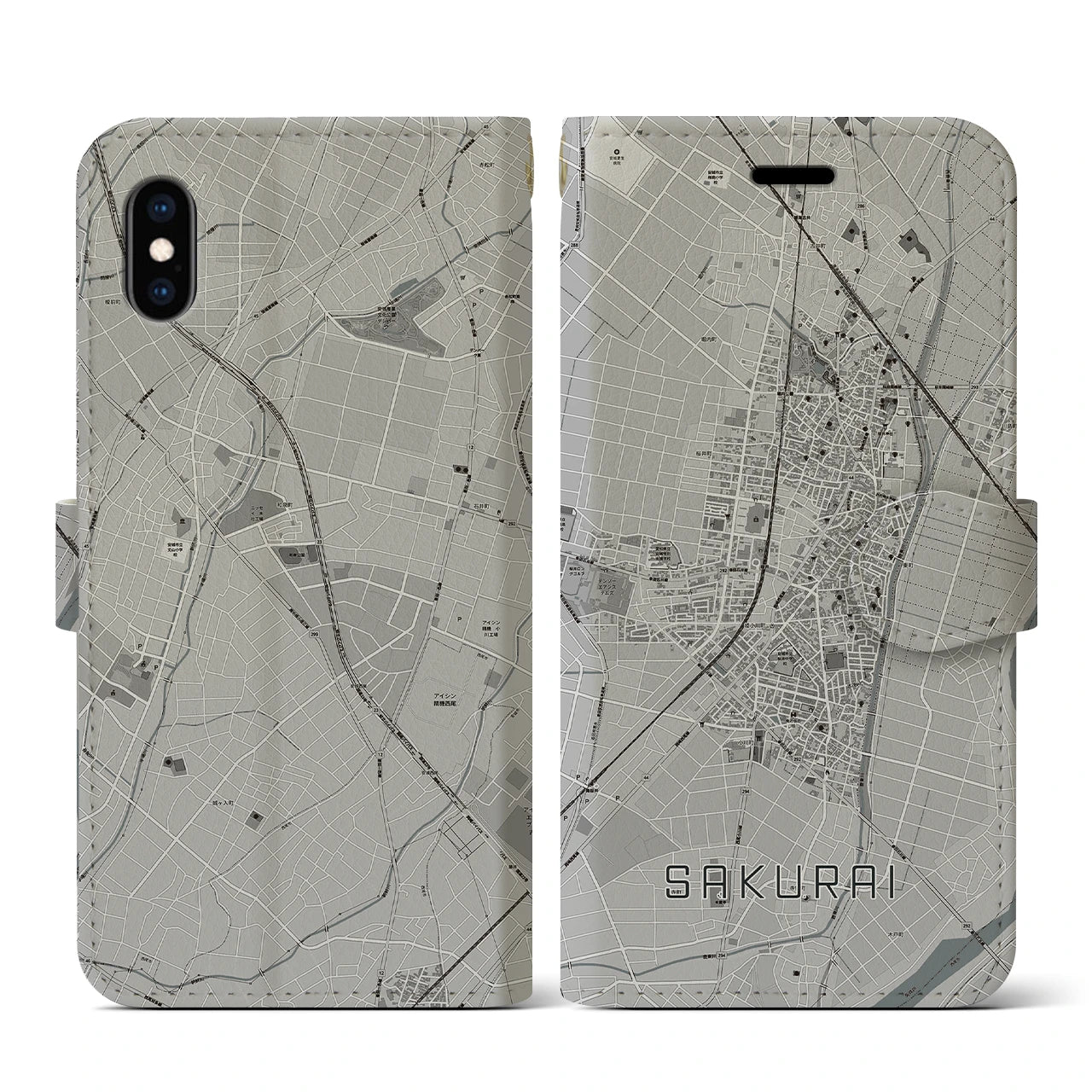 【桜井(愛知県)】地図柄iPhoneケース(手帳タイプ)モノトーン・iPhone XS / X 用