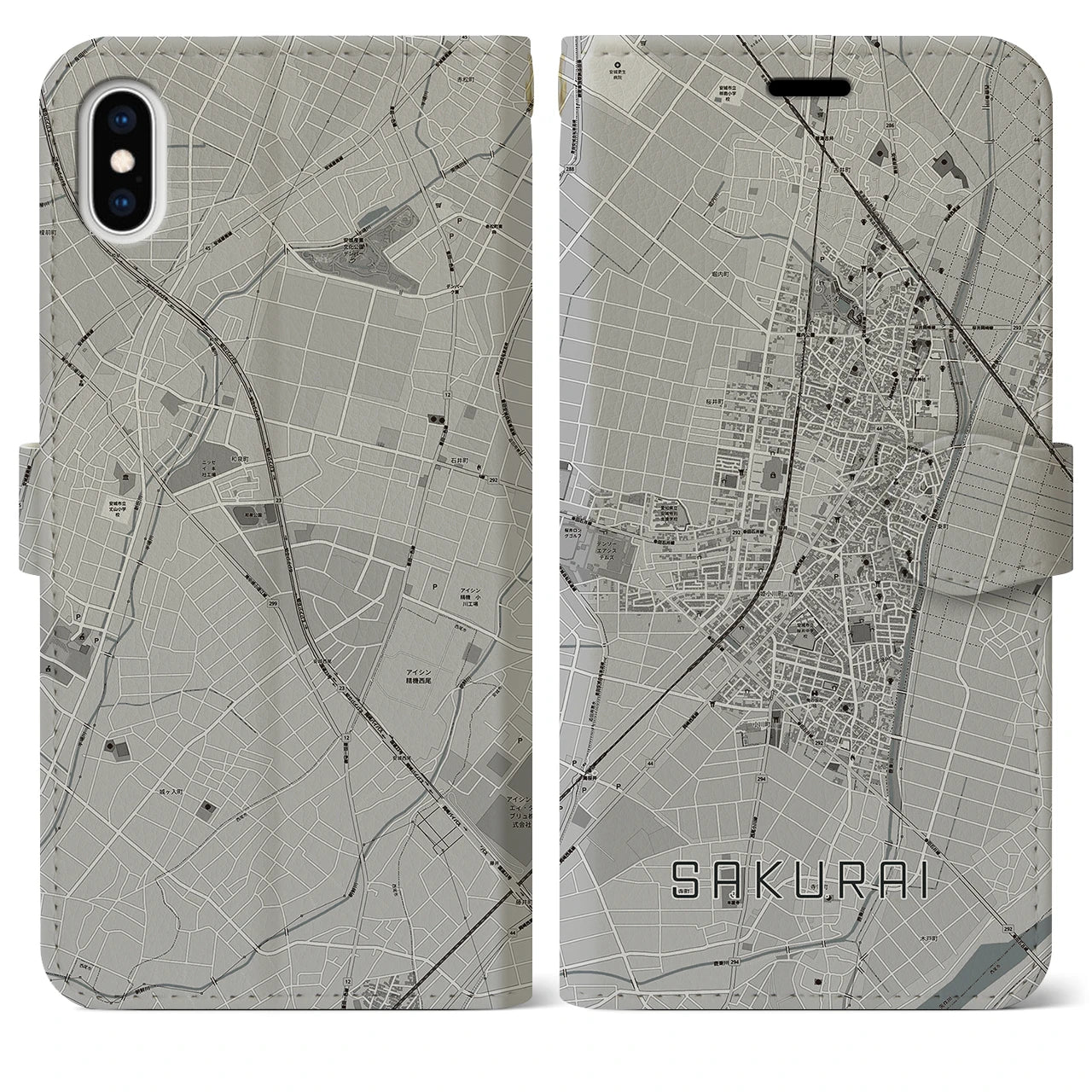 【桜井(愛知県)】地図柄iPhoneケース(手帳タイプ)モノトーン・iPhone XS Max 用