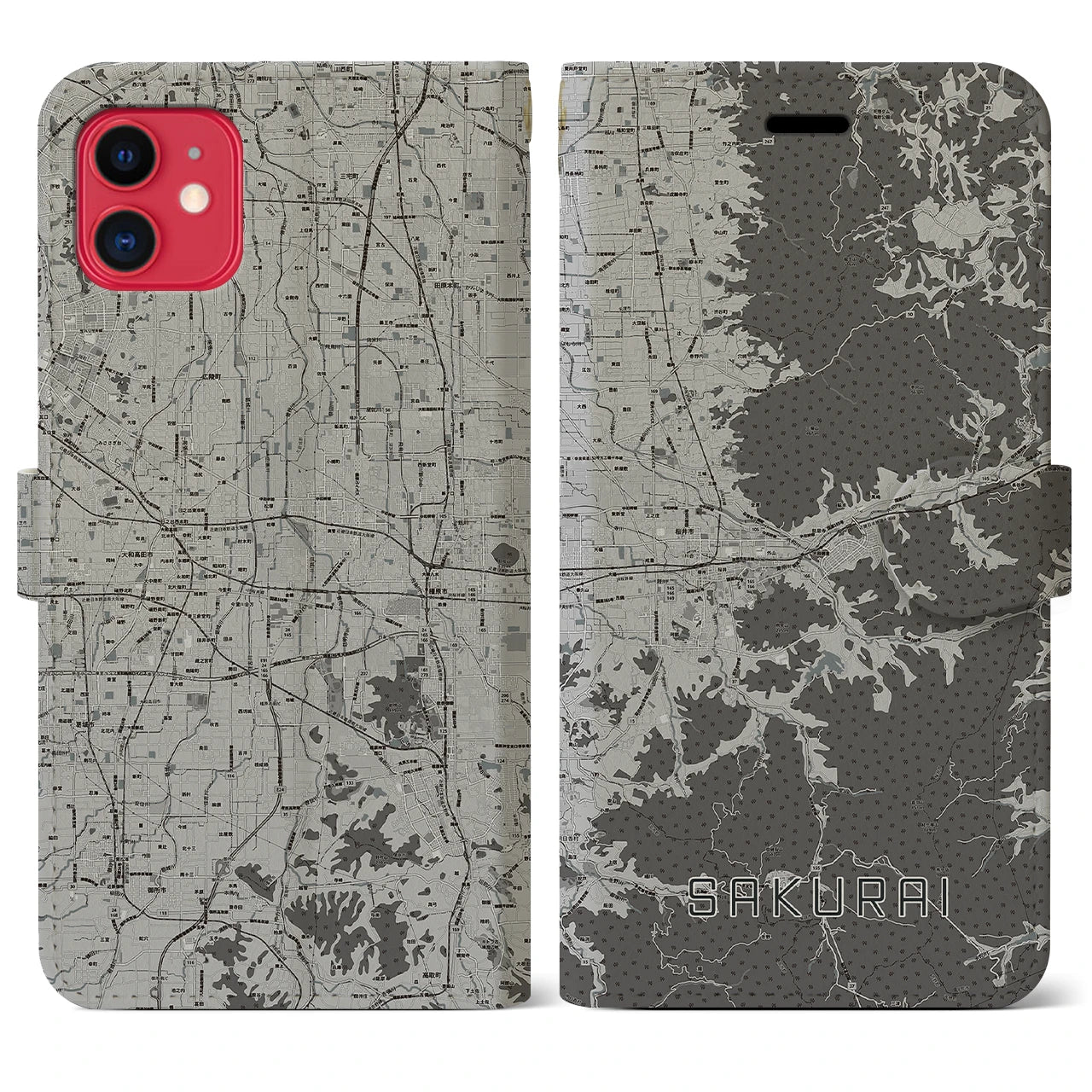 【桜井(奈良県)】地図柄iPhoneケース(手帳タイプ)モノトーン・iPhone 11 用