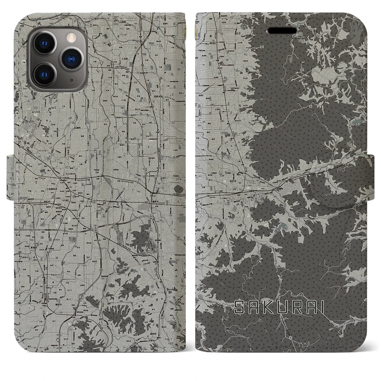 【桜井(奈良県)】地図柄iPhoneケース(手帳タイプ)モノトーン・iPhone 11 Pro Max 用