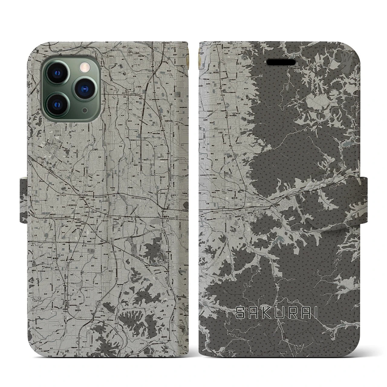 【桜井(奈良県)】地図柄iPhoneケース(手帳タイプ)モノトーン・iPhone 11 Pro 用
