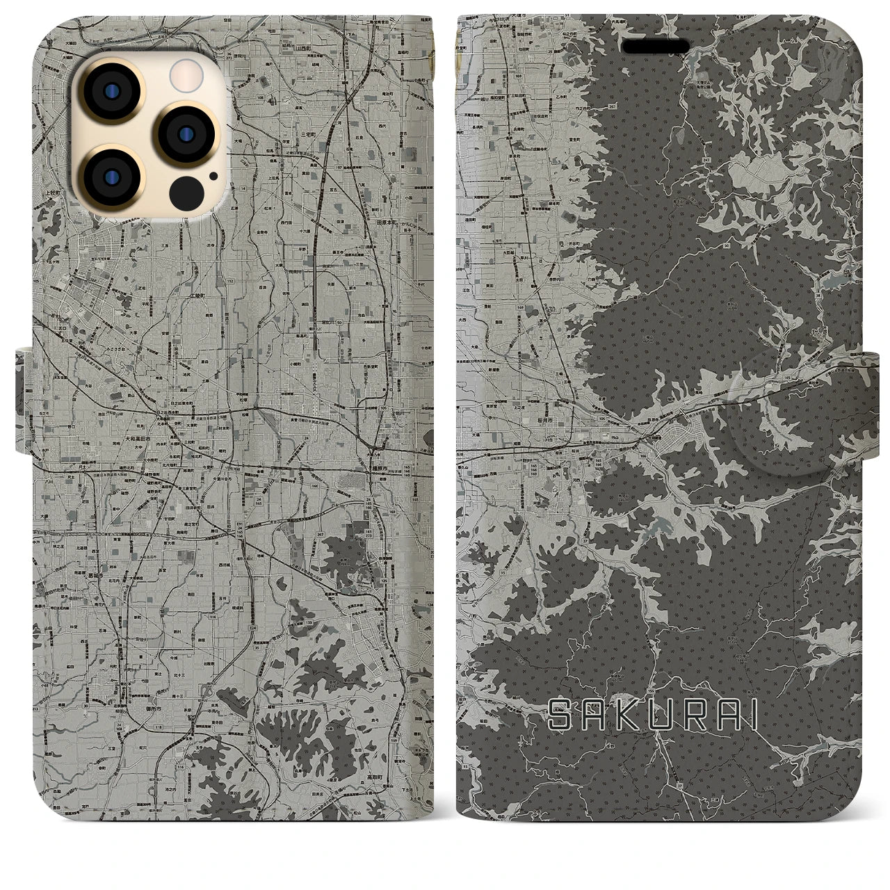 【桜井(奈良県)】地図柄iPhoneケース(手帳タイプ)モノトーン・iPhone 12 Pro Max 用