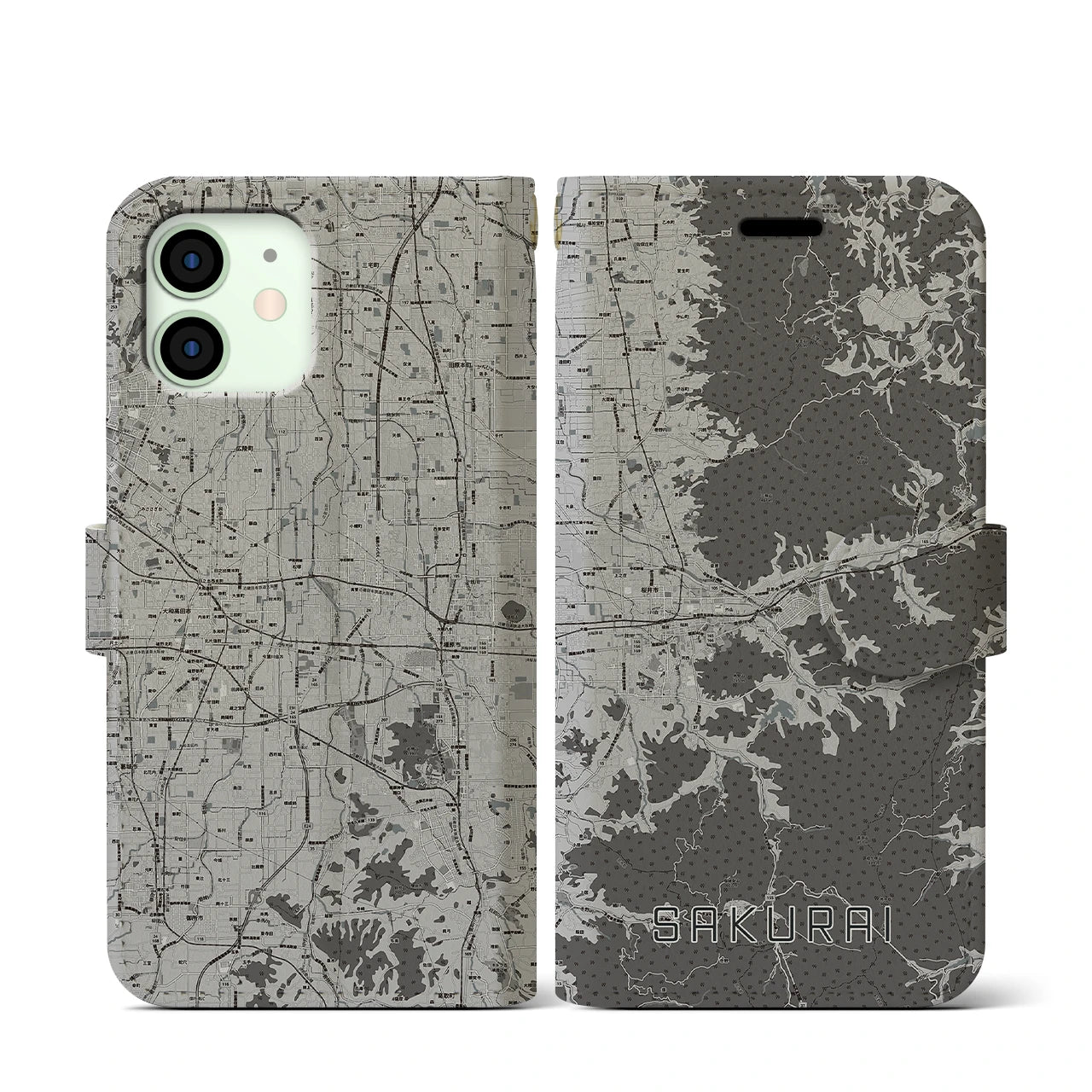 【桜井(奈良県)】地図柄iPhoneケース(手帳タイプ)モノトーン・iPhone 12 mini 用