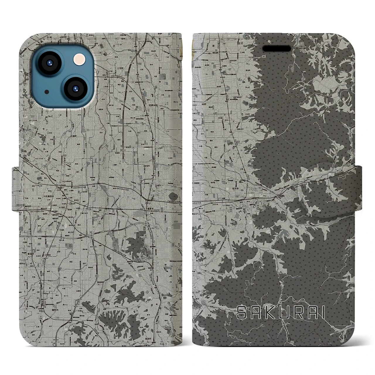 【桜井(奈良県)】地図柄iPhoneケース(手帳タイプ)モノトーン・iPhone 13 用