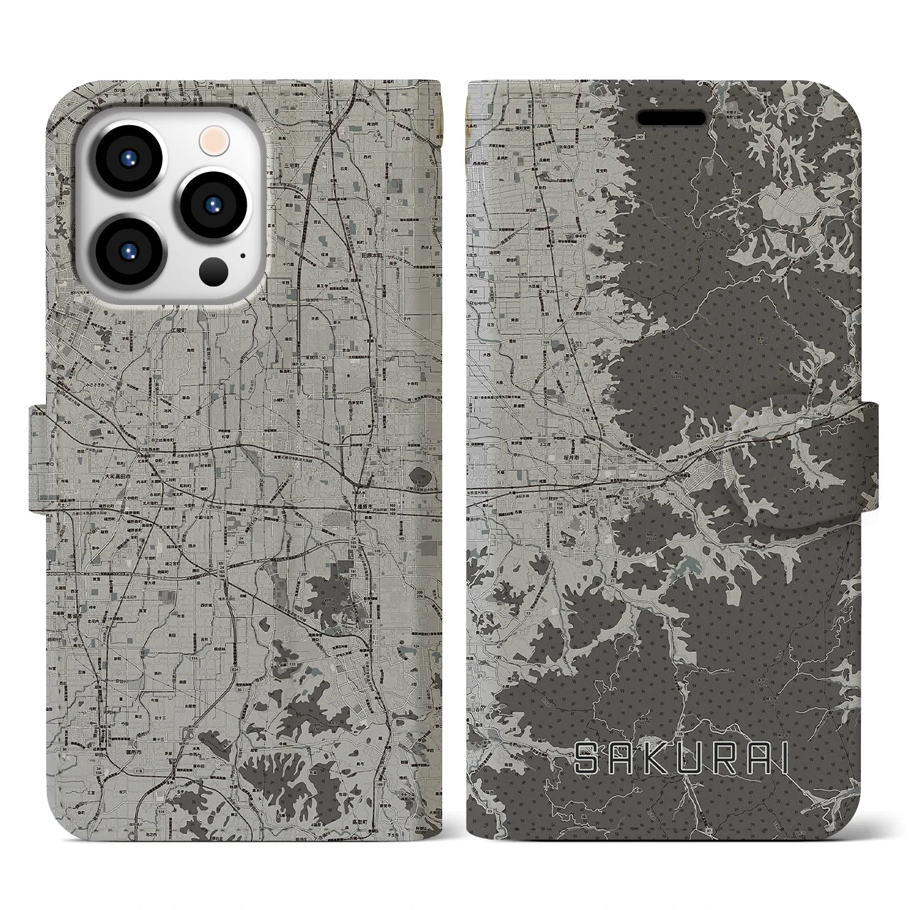 【桜井(奈良県)】地図柄iPhoneケース(手帳タイプ)モノトーン・iPhone 13 Pro 用