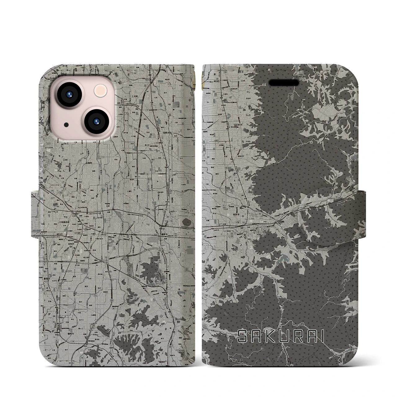 【桜井(奈良県)】地図柄iPhoneケース(手帳タイプ)モノトーン・iPhone 13 mini 用