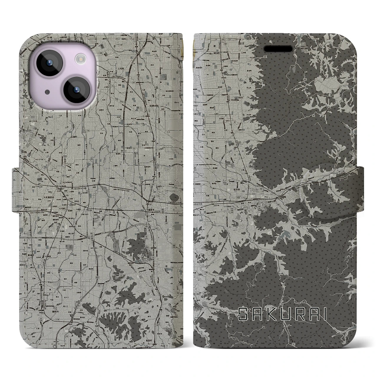 【桜井(奈良県)】地図柄iPhoneケース(手帳タイプ)モノトーン・iPhone 14 用