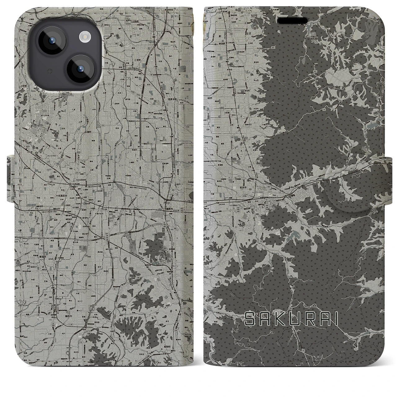 【桜井(奈良県)】地図柄iPhoneケース(手帳タイプ)モノトーン・iPhone 14 Plus 用