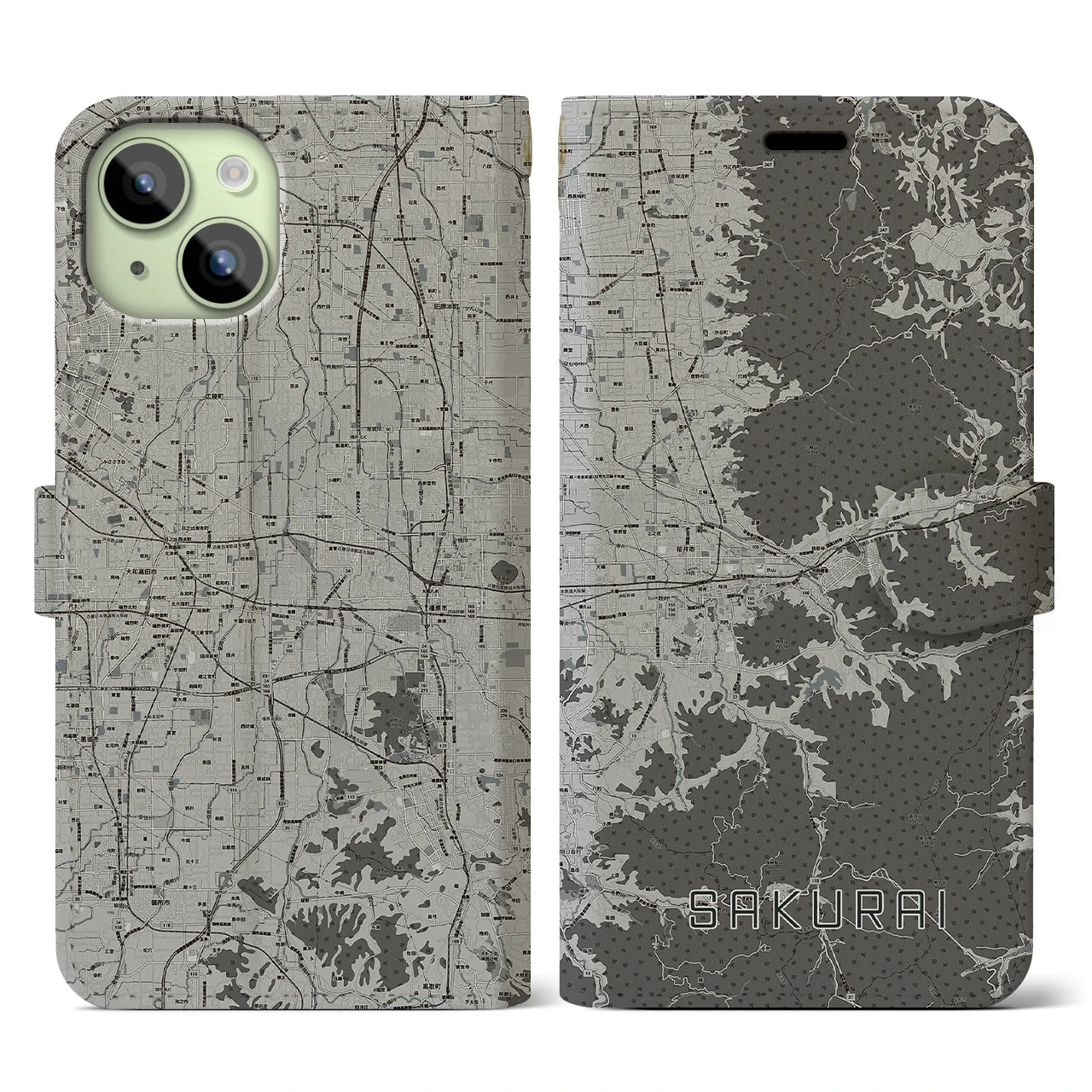 【桜井(奈良県)】地図柄iPhoneケース(手帳タイプ)モノトーン・iPhone 15 用