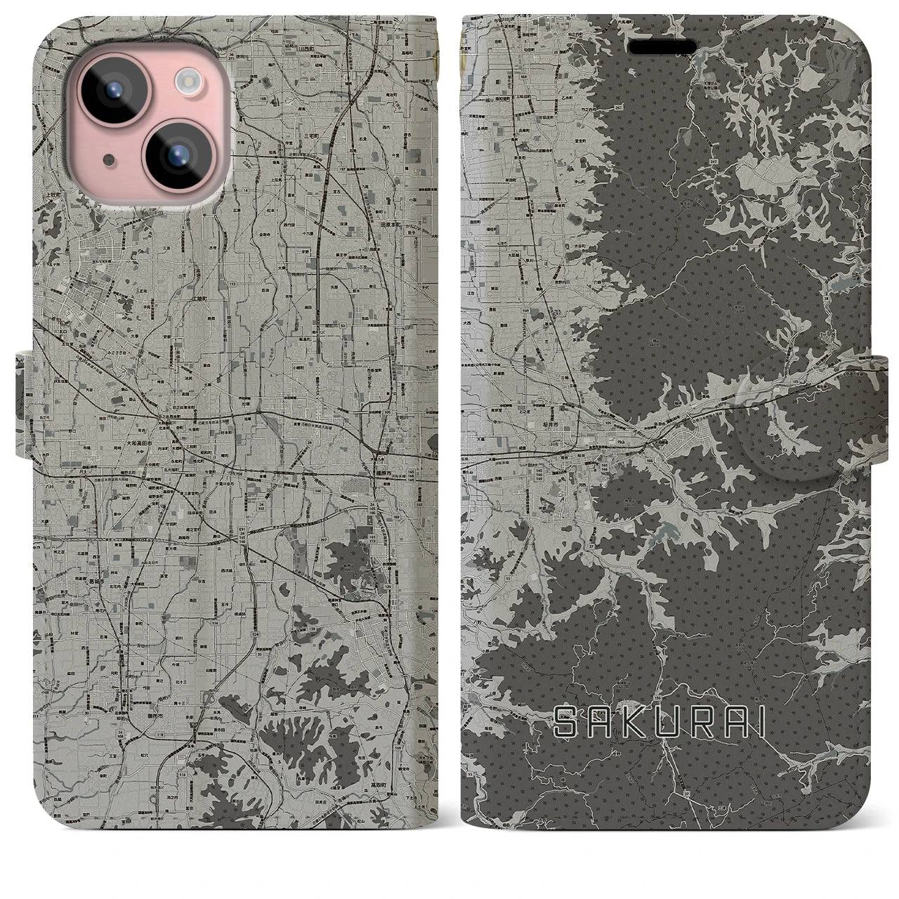 【桜井(奈良県)】地図柄iPhoneケース(手帳タイプ)モノトーン・iPhone 15 Plus 用