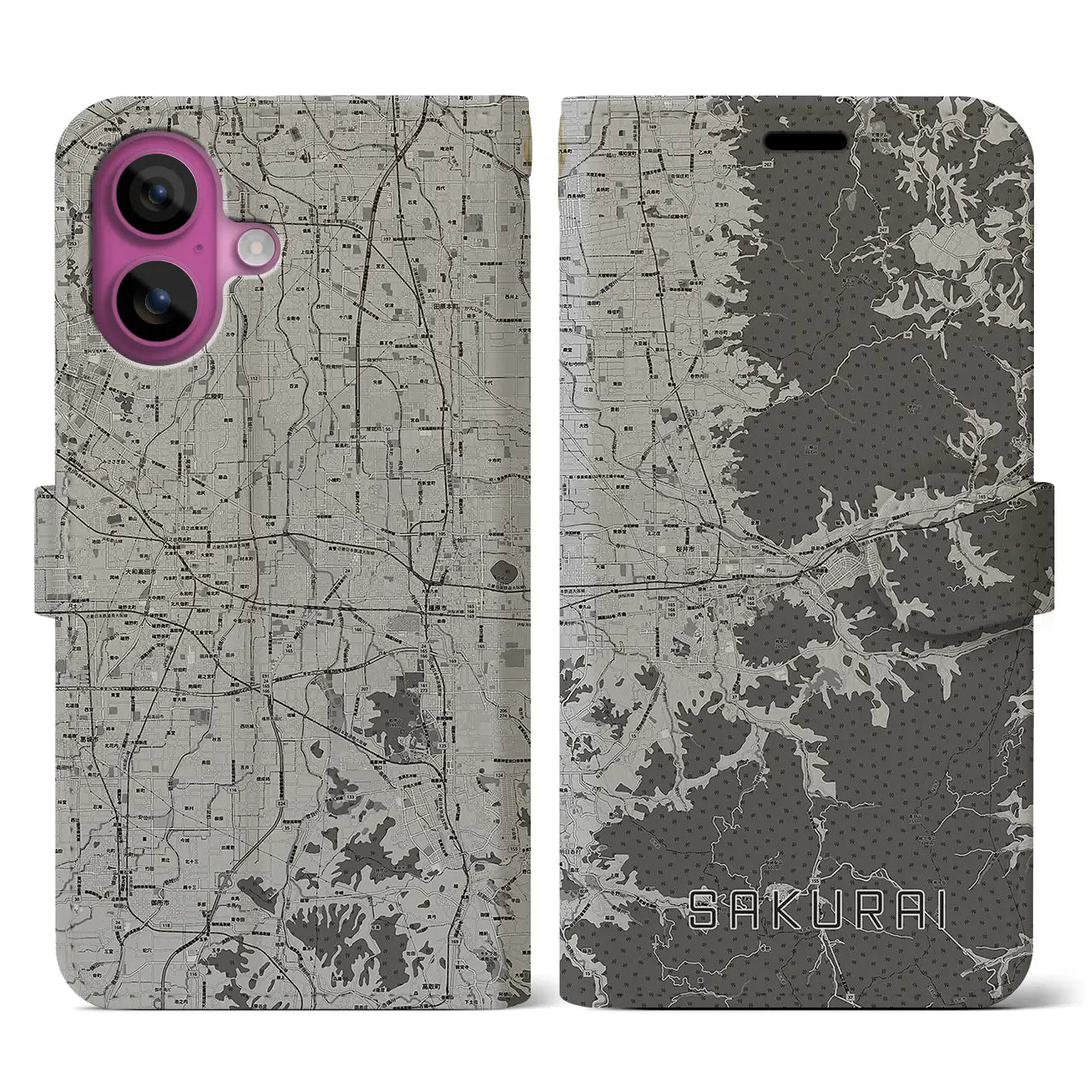 【桜井(奈良県)】地図柄iPhoneケース(手帳タイプ)モノトーン・iPhone 16 Pro 用