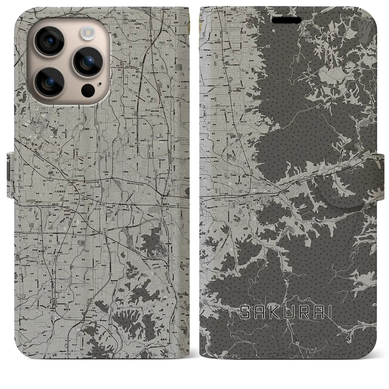 【桜井(奈良県)】地図柄iPhoneケース(手帳タイプ)モノトーン・iPhone 16 Plus 用