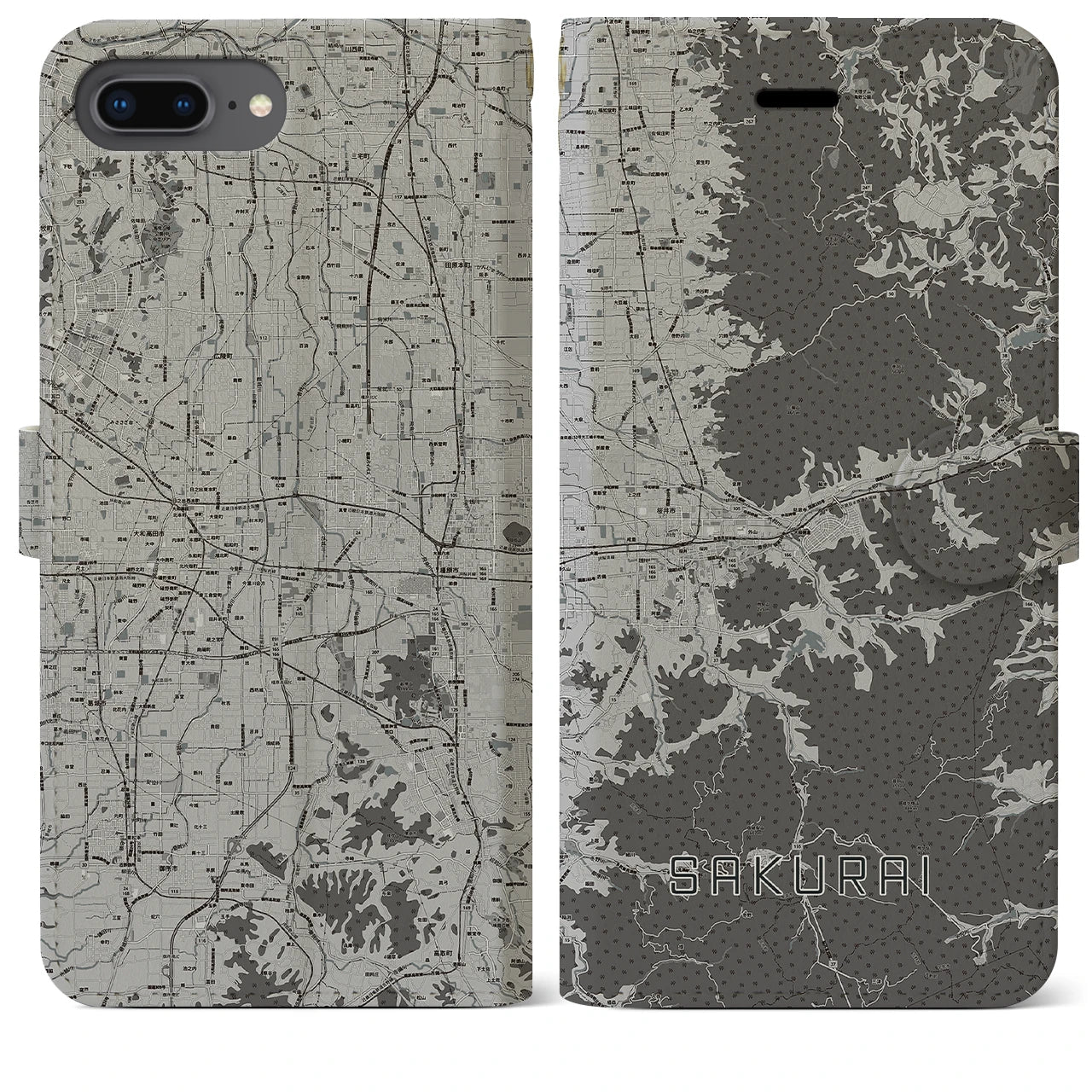 【桜井(奈良県)】地図柄iPhoneケース(手帳タイプ)モノトーン・iPhone 8Plus /7Plus / 6sPlus / 6Plus 用
