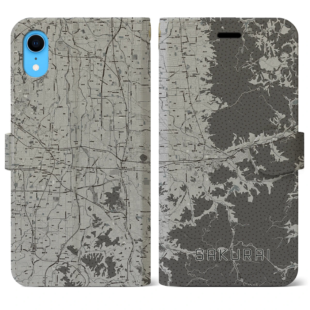 【桜井(奈良県)】地図柄iPhoneケース(手帳タイプ)モノトーン・iPhone XR 用