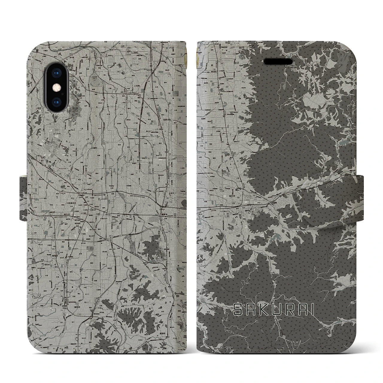 【桜井(奈良県)】地図柄iPhoneケース(手帳タイプ)モノトーン・iPhone XS / X 用