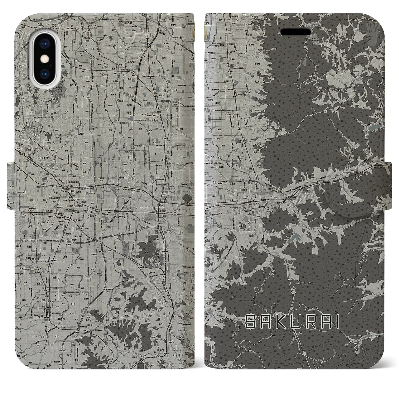 【桜井(奈良県)】地図柄iPhoneケース(手帳タイプ)モノトーン・iPhone XS Max 用
