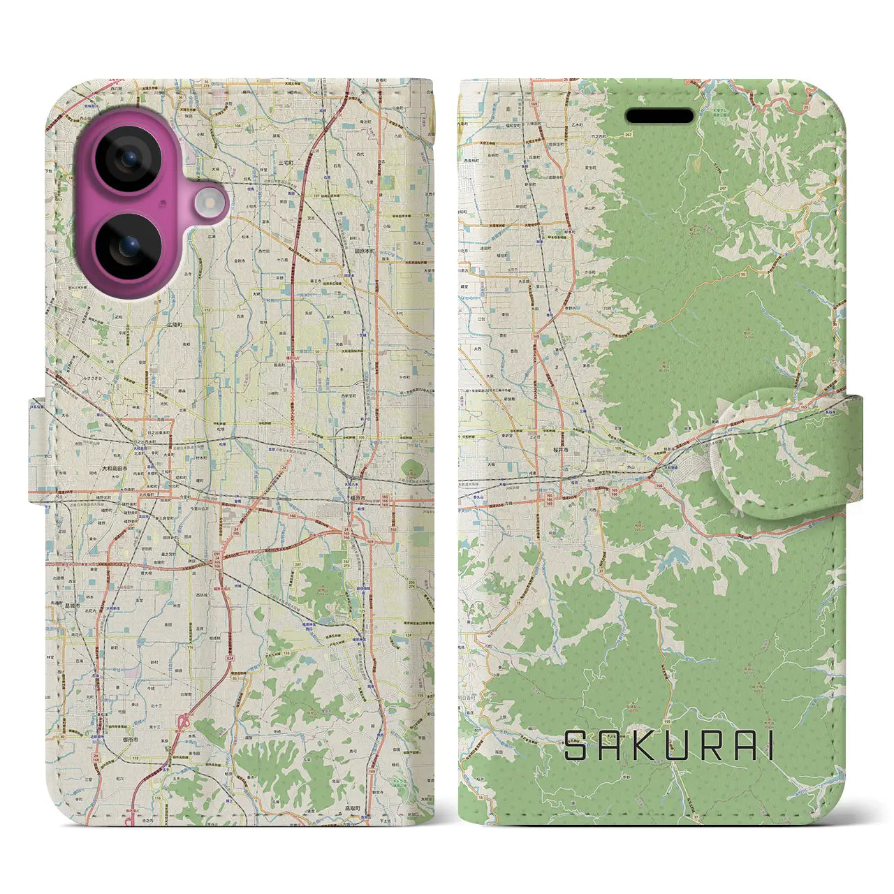 【桜井(奈良県)】地図柄iPhoneケース(手帳タイプ)ナチュラル・iPhone 16 Pro 用