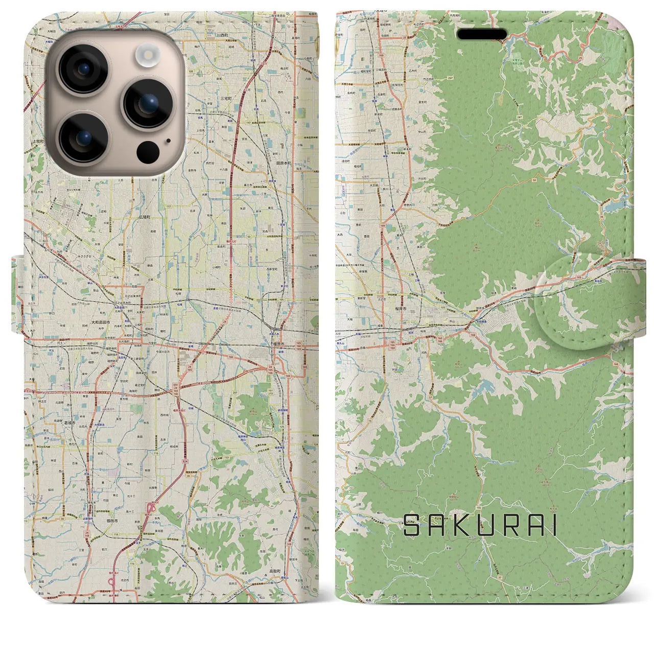 【桜井(奈良県)】地図柄iPhoneケース(手帳タイプ)ナチュラル・iPhone 16 Plus 用