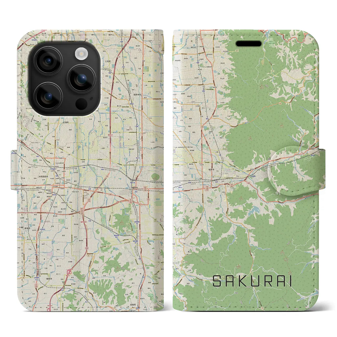【桜井(奈良県)】地図柄iPhoneケース(手帳タイプ)ナチュラル・iPhone 16 用