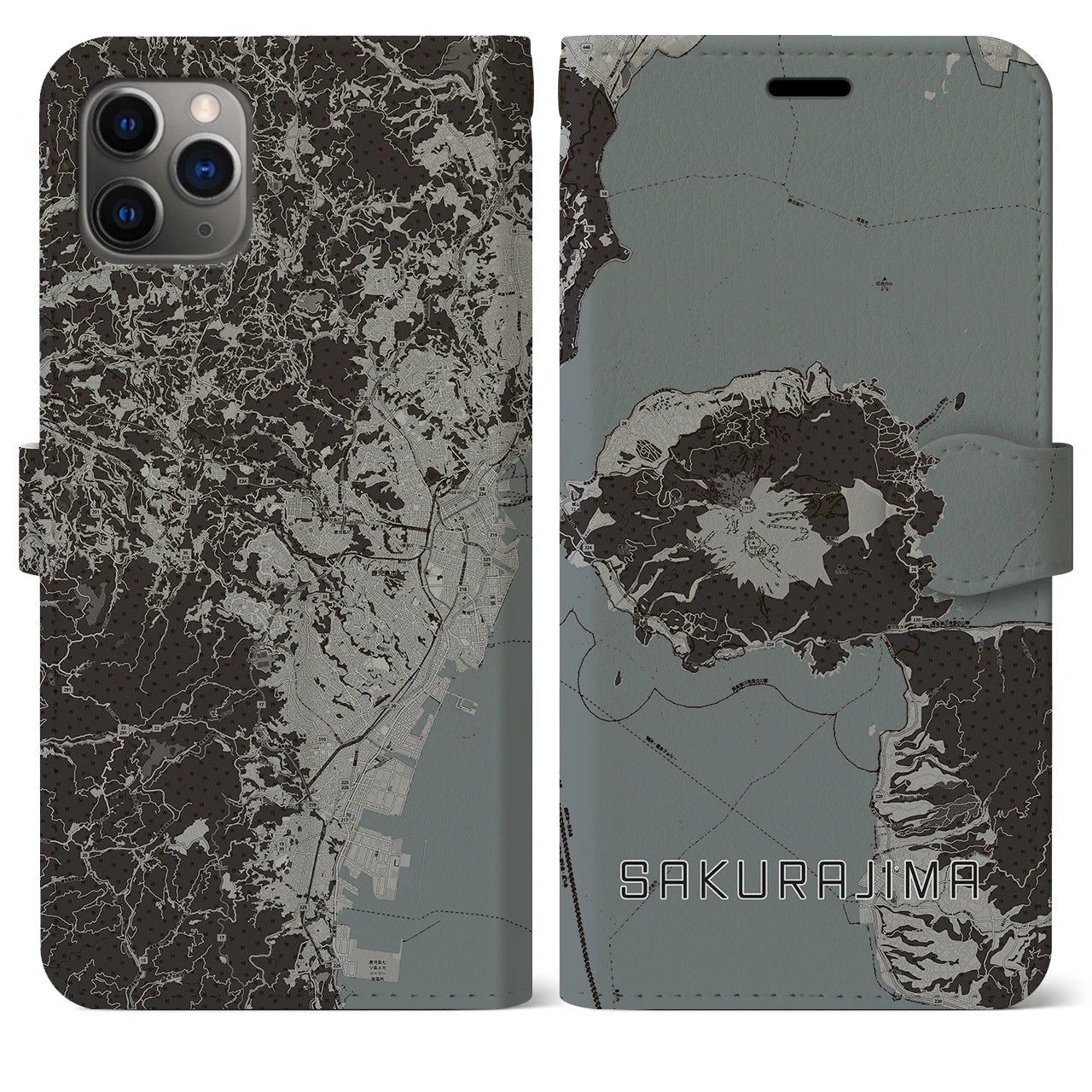 【桜島(鹿児島県)】地図柄iPhoneケース(手帳タイプ)モノトーン・iPhone 11 Pro Max 用