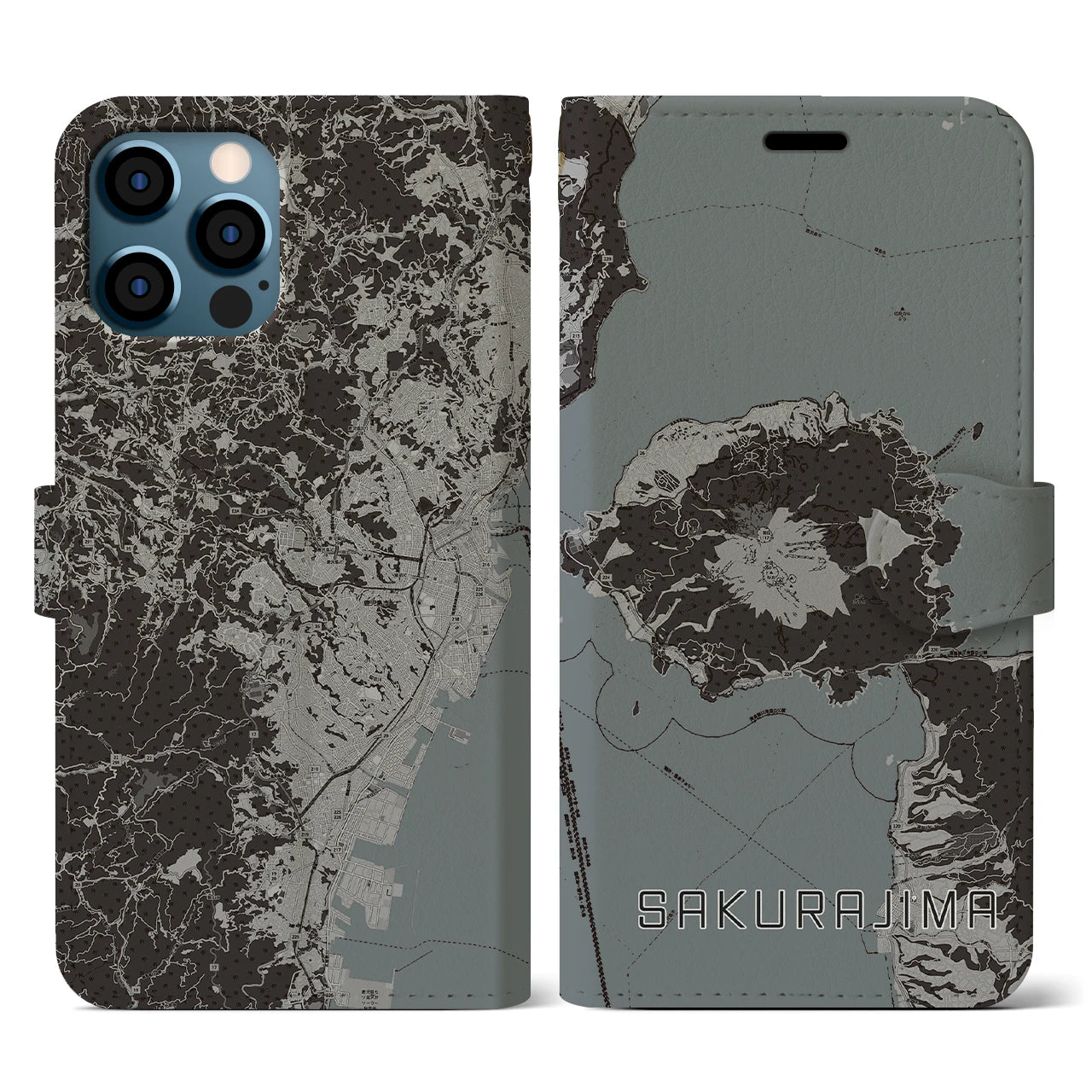 【桜島(鹿児島県)】地図柄iPhoneケース(手帳タイプ)モノトーン・iPhone 12 / 12 Pro 用