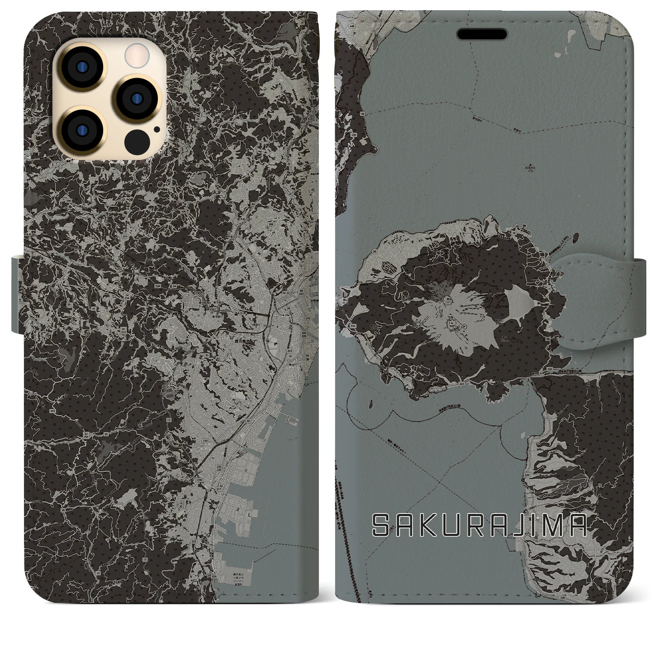 【桜島(鹿児島県)】地図柄iPhoneケース(手帳タイプ)モノトーン・iPhone 12 Pro Max 用