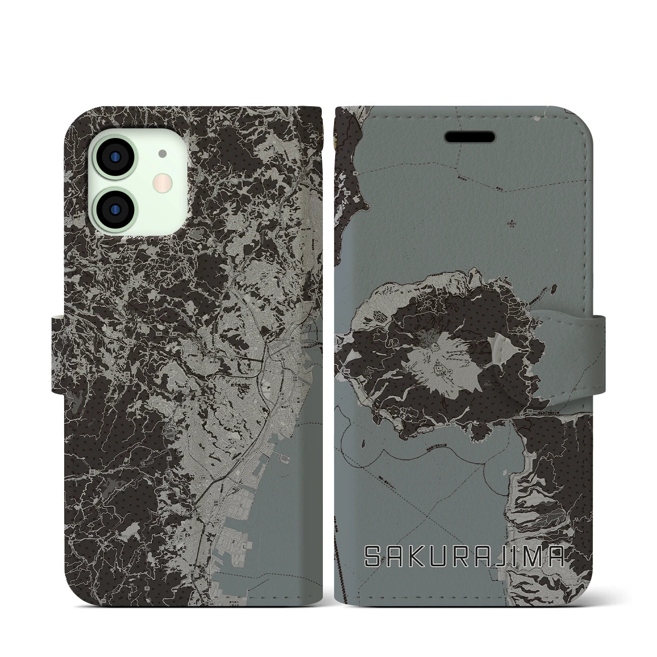 【桜島(鹿児島県)】地図柄iPhoneケース(手帳タイプ)モノトーン・iPhone 12 mini 用