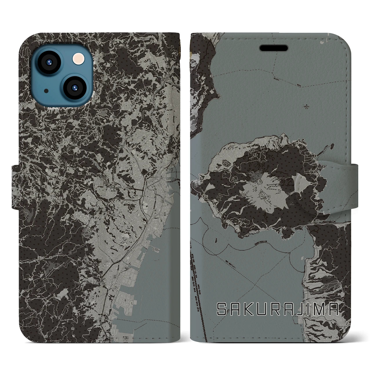 【桜島(鹿児島県)】地図柄iPhoneケース(手帳タイプ)モノトーン・iPhone 13 用