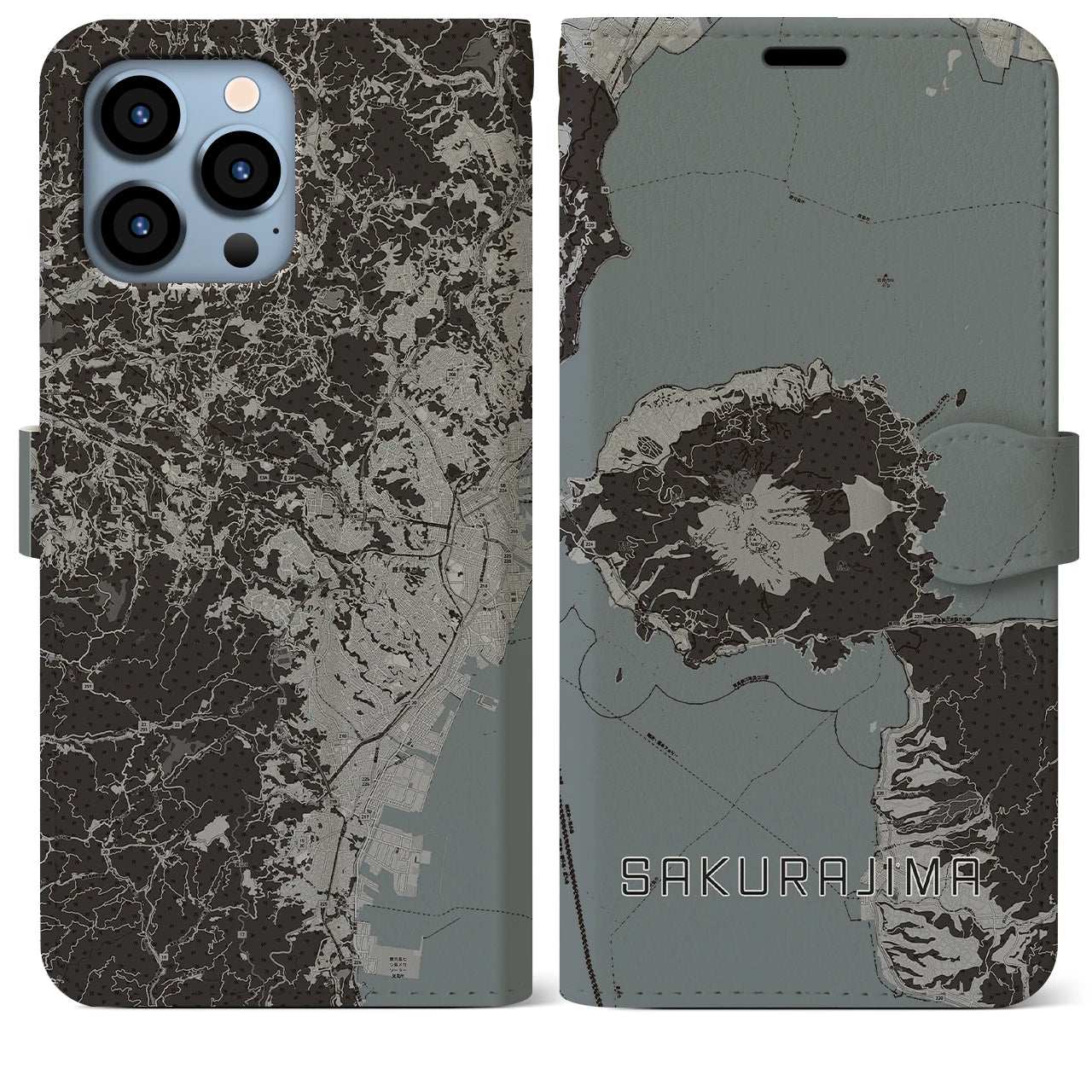 【桜島(鹿児島県)】地図柄iPhoneケース(手帳タイプ)モノトーン・iPhone 13 Pro Max 用