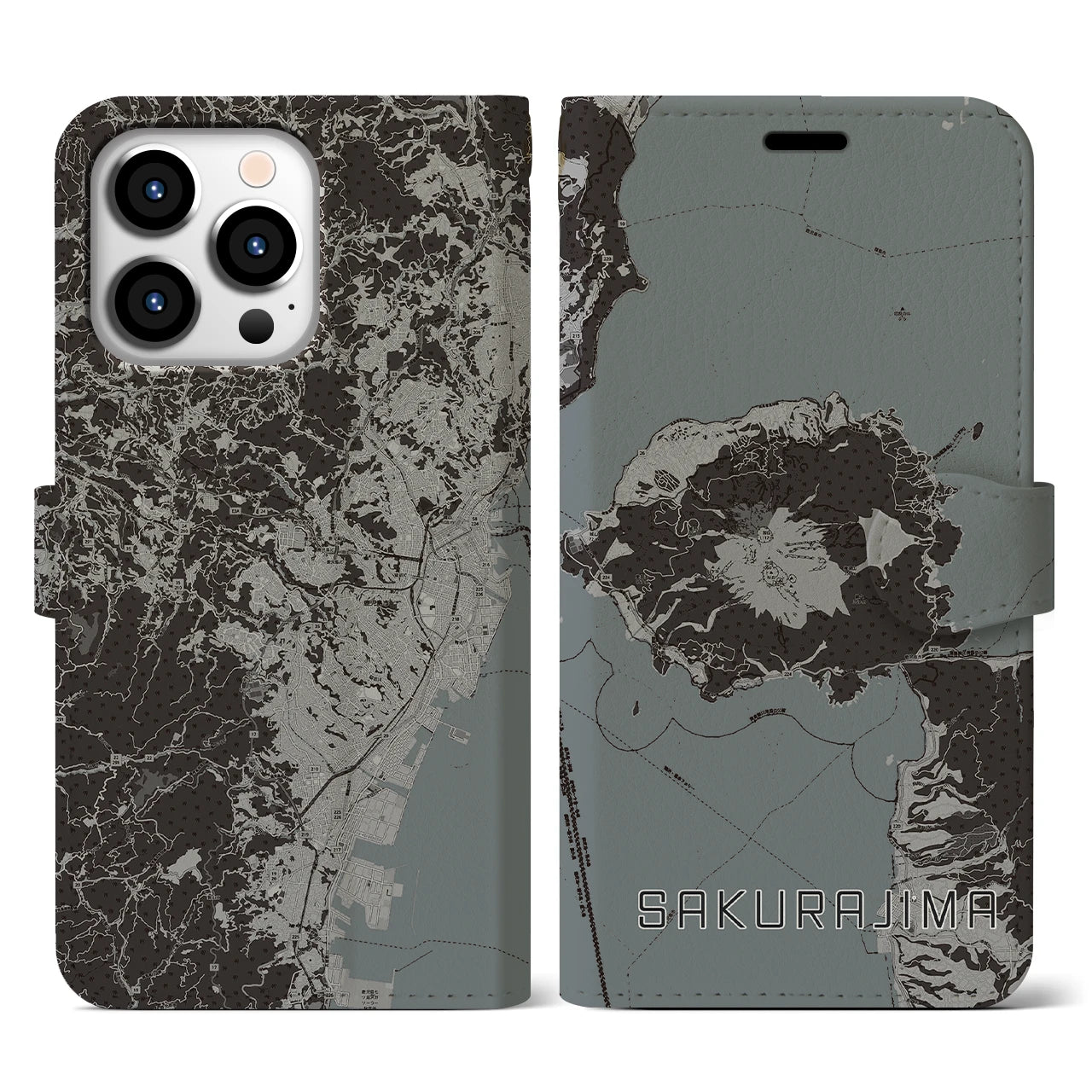 【桜島(鹿児島県)】地図柄iPhoneケース(手帳タイプ)モノトーン・iPhone 13 Pro 用