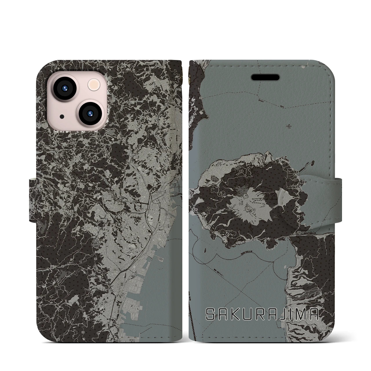 【桜島(鹿児島県)】地図柄iPhoneケース(手帳タイプ)モノトーン・iPhone 13 mini 用