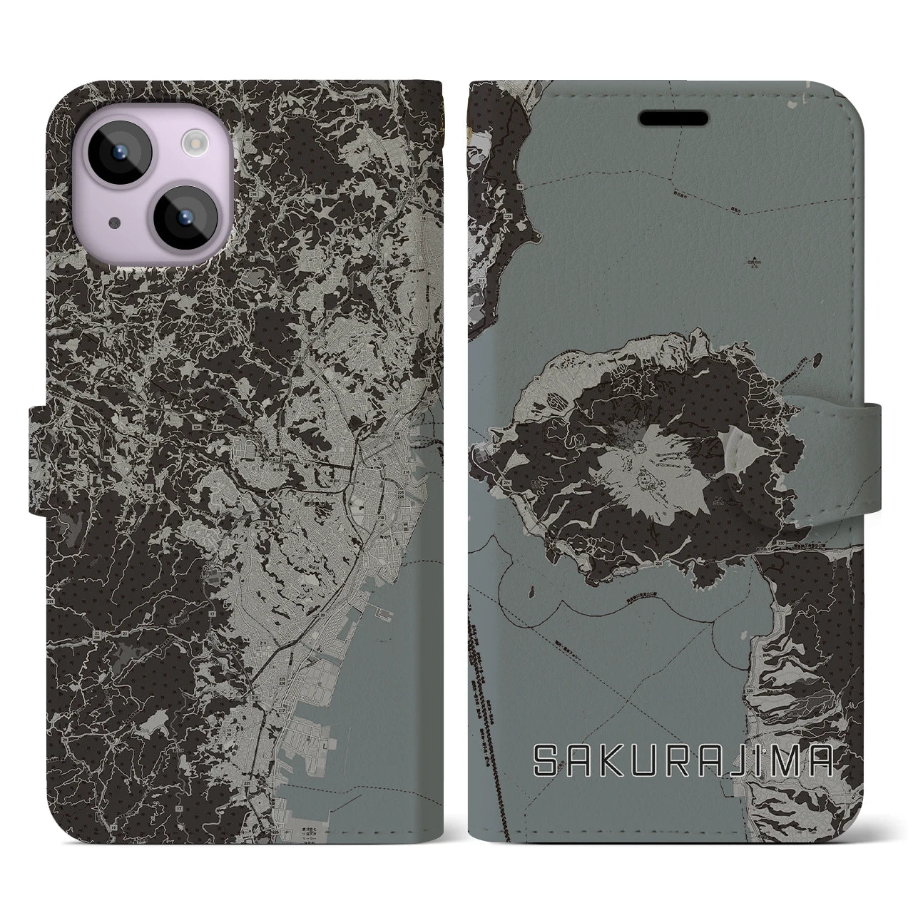 【桜島(鹿児島県)】地図柄iPhoneケース(手帳タイプ)モノトーン・iPhone 14 用