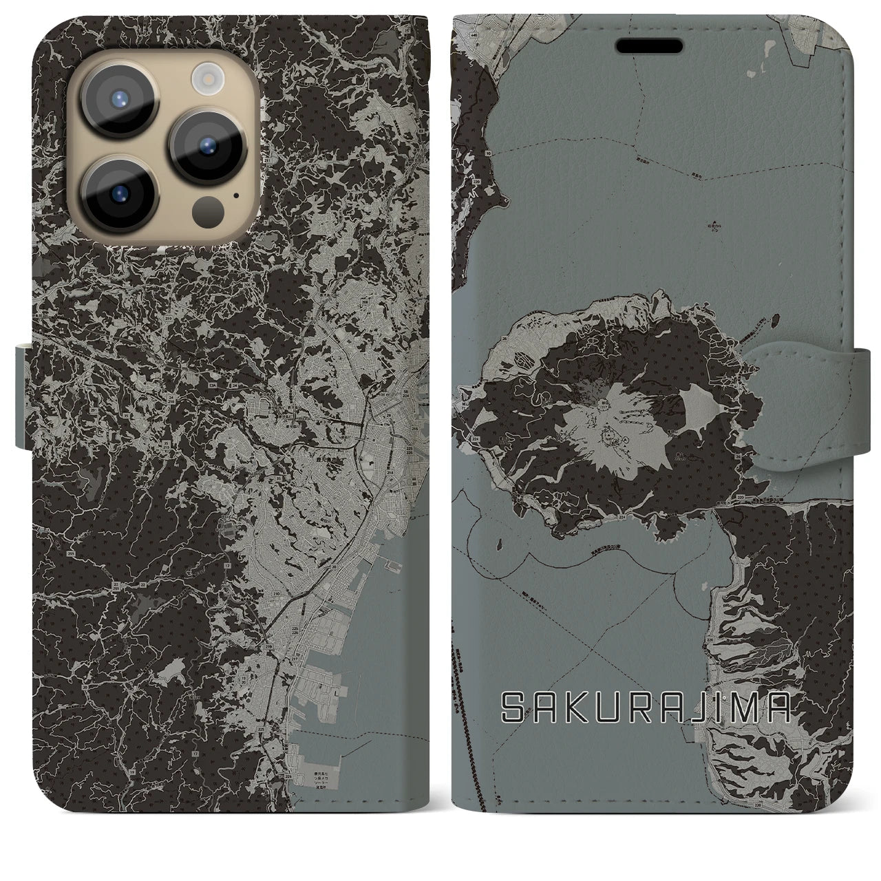 【桜島(鹿児島県)】地図柄iPhoneケース(手帳タイプ)モノトーン・iPhone 14 Pro Max 用
