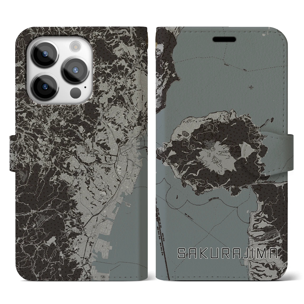 【桜島(鹿児島県)】地図柄iPhoneケース(手帳タイプ)モノトーン・iPhone 14 Pro 用