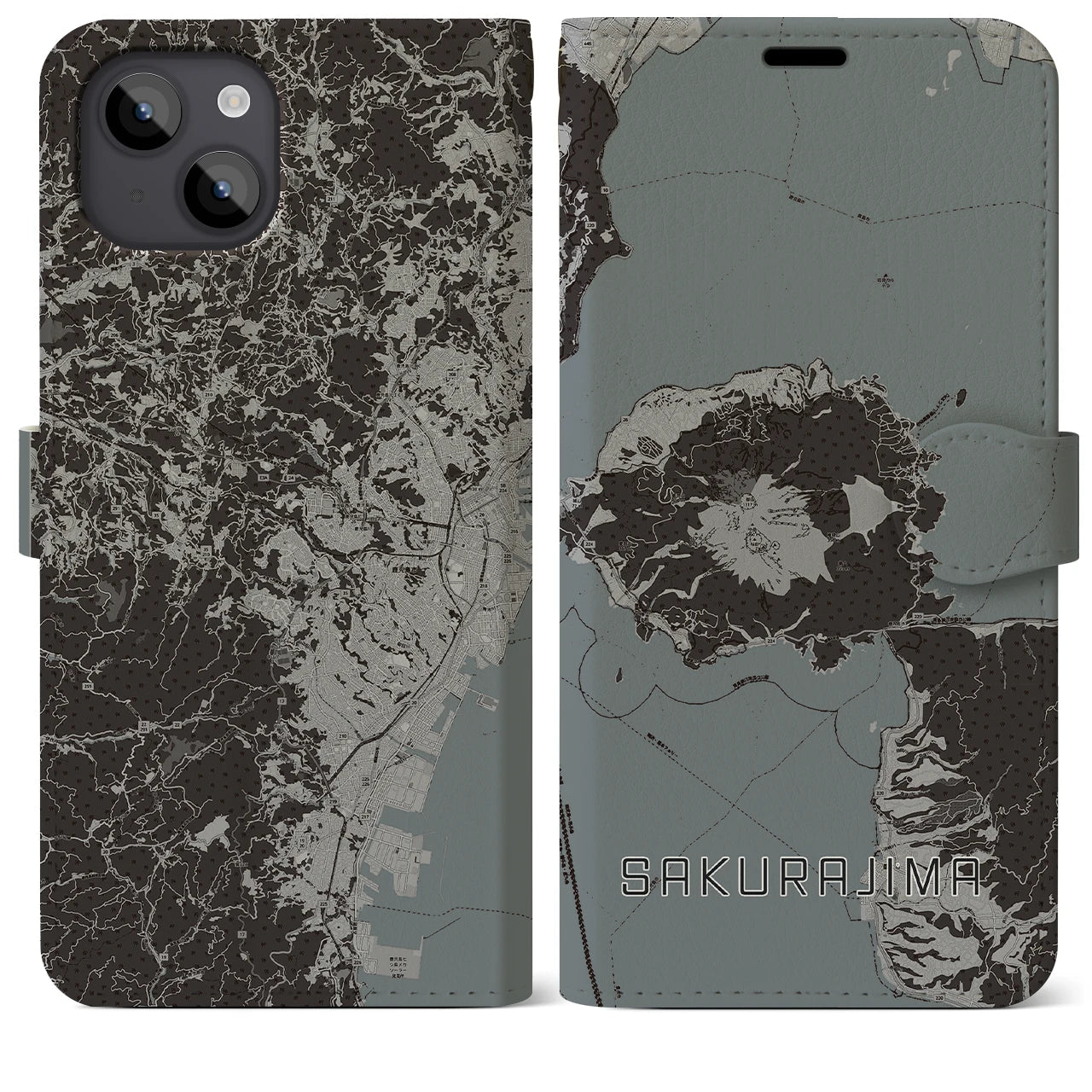 【桜島(鹿児島県)】地図柄iPhoneケース(手帳タイプ)モノトーン・iPhone 14 Plus 用