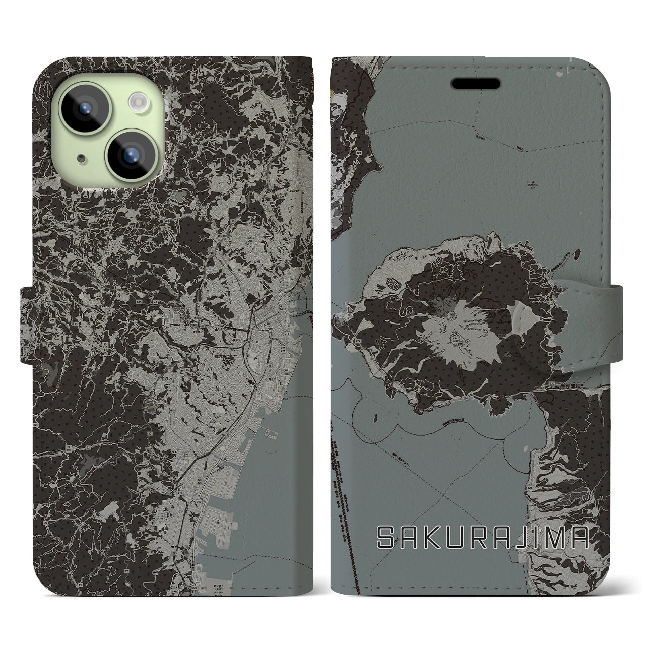 【桜島(鹿児島県)】地図柄iPhoneケース(手帳タイプ)モノトーン・iPhone 15 用