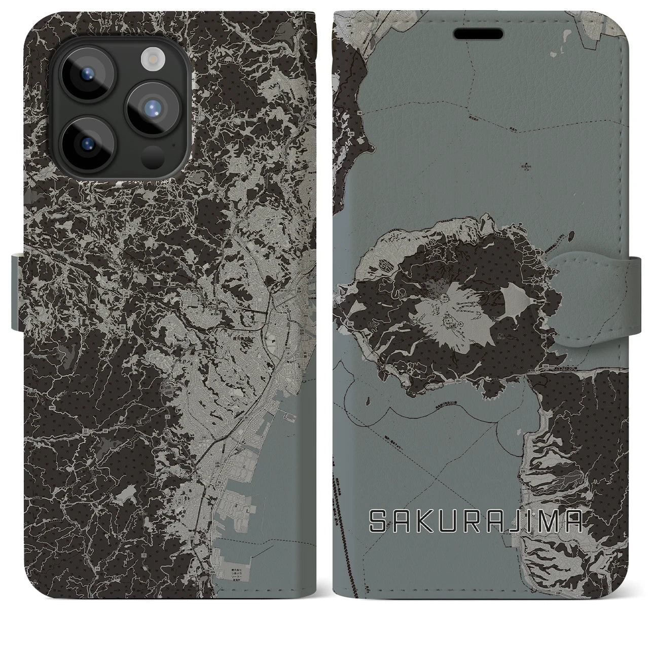 【桜島(鹿児島県)】地図柄iPhoneケース(手帳タイプ)モノトーン・iPhone 15 Pro Max 用