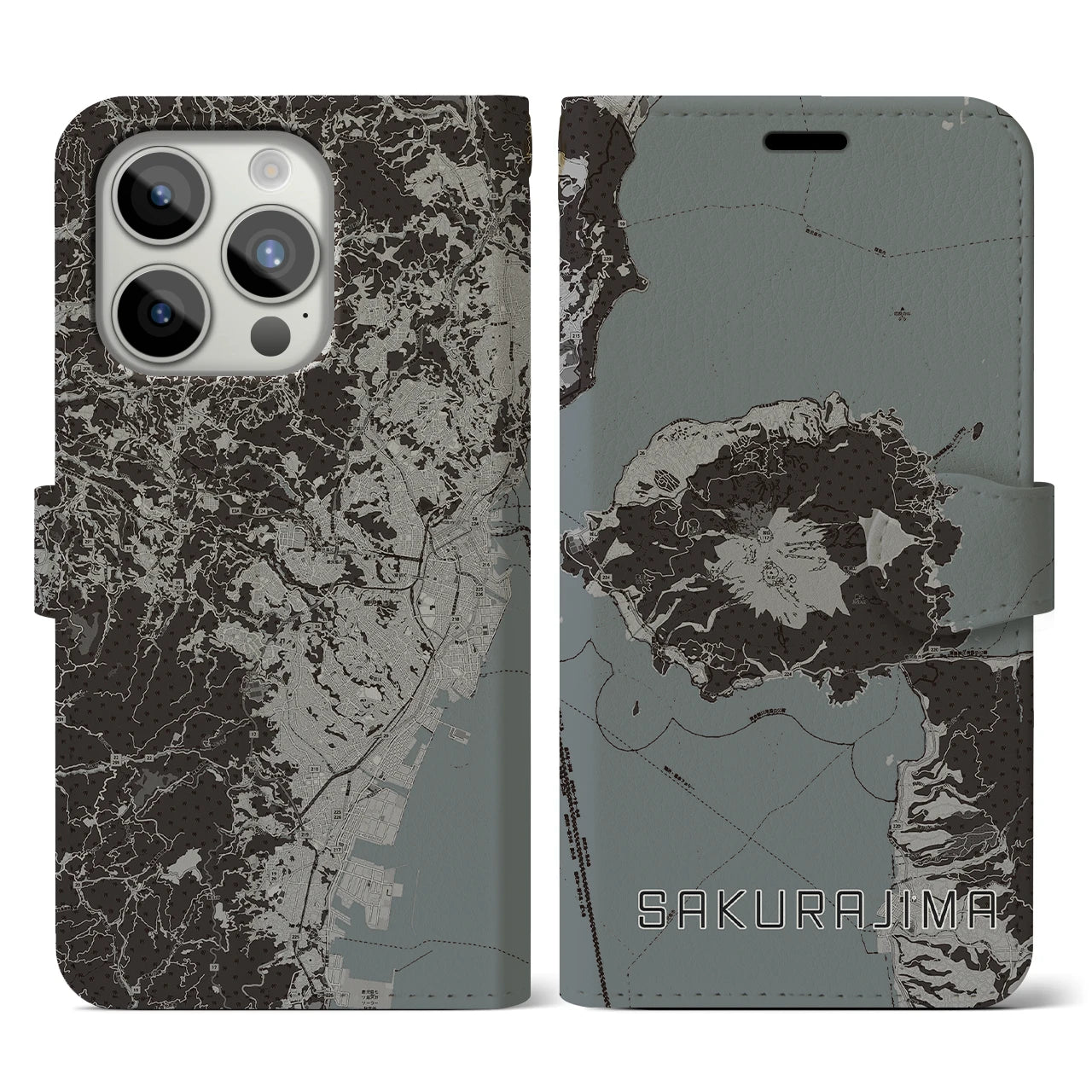 【桜島(鹿児島県)】地図柄iPhoneケース(手帳タイプ)モノトーン・iPhone 15 Pro 用