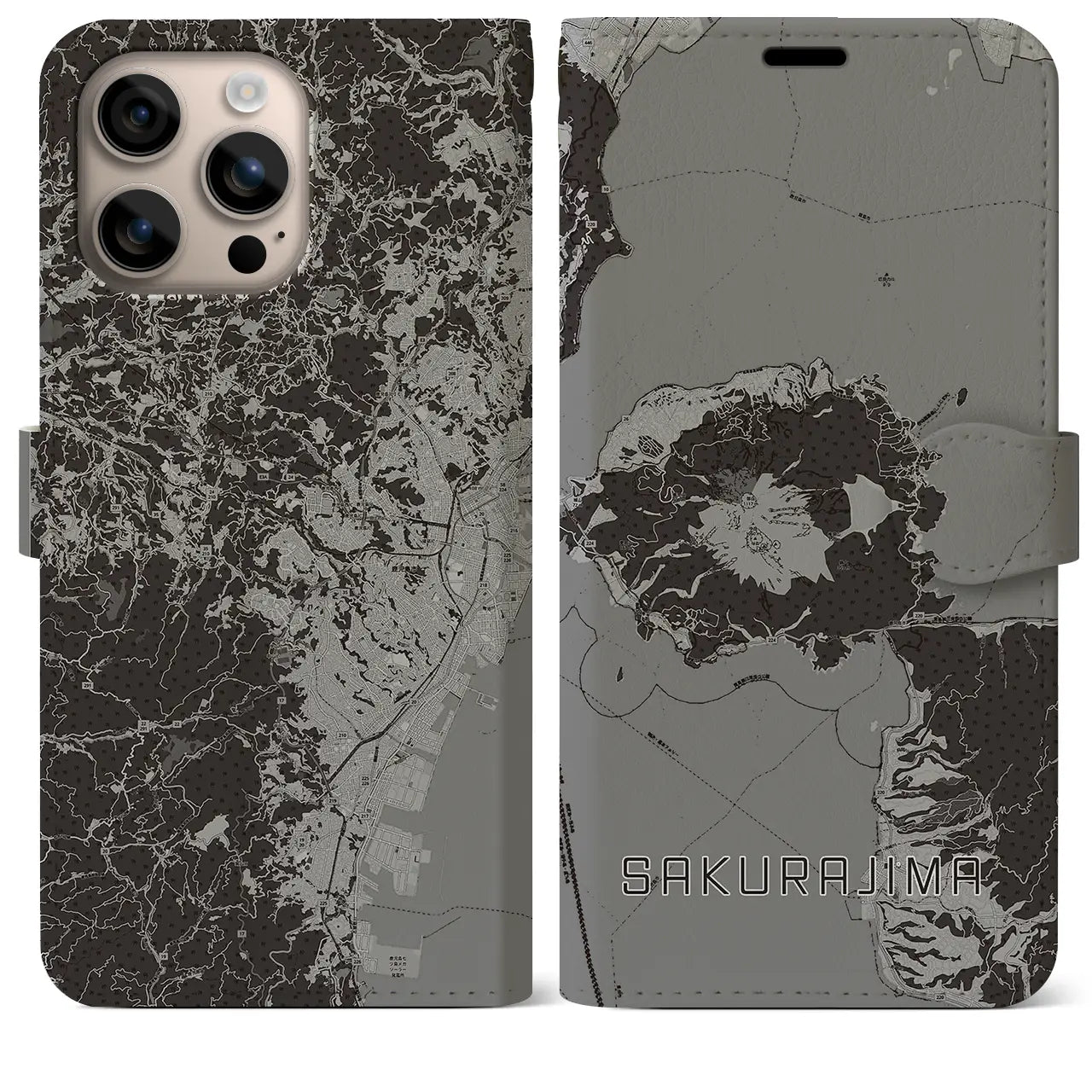 【桜島(鹿児島県)】地図柄iPhoneケース(手帳タイプ)モノトーン・iPhone 16 Plus 用