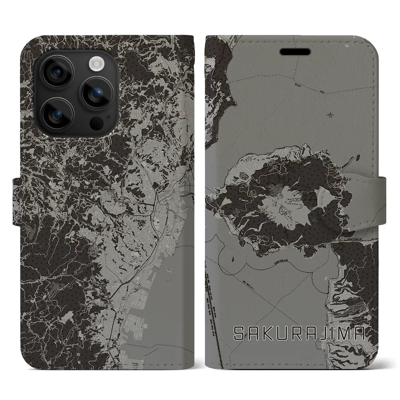 【桜島(鹿児島県)】地図柄iPhoneケース(手帳タイプ)モノトーン・iPhone 16 用