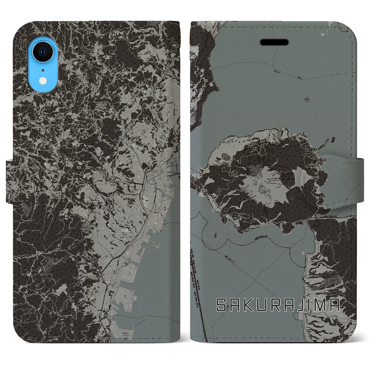 【桜島(鹿児島県)】地図柄iPhoneケース(手帳タイプ)モノトーン・iPhone XR 用
