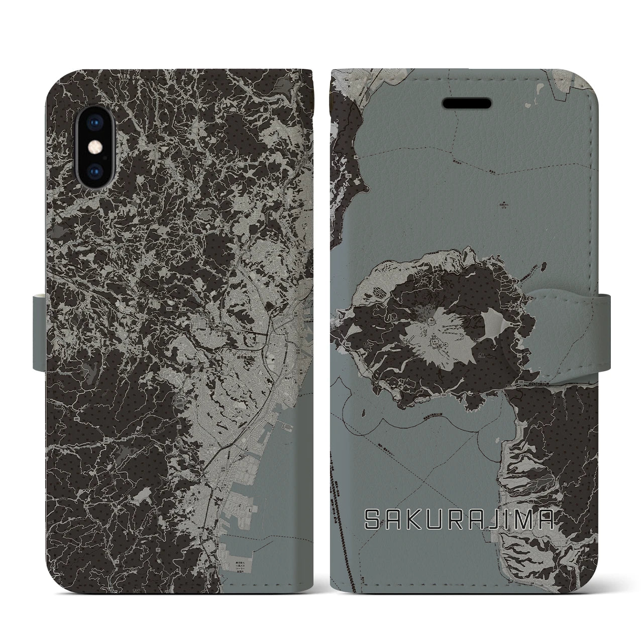 【桜島(鹿児島県)】地図柄iPhoneケース(手帳タイプ)モノトーン・iPhone XS / X 用